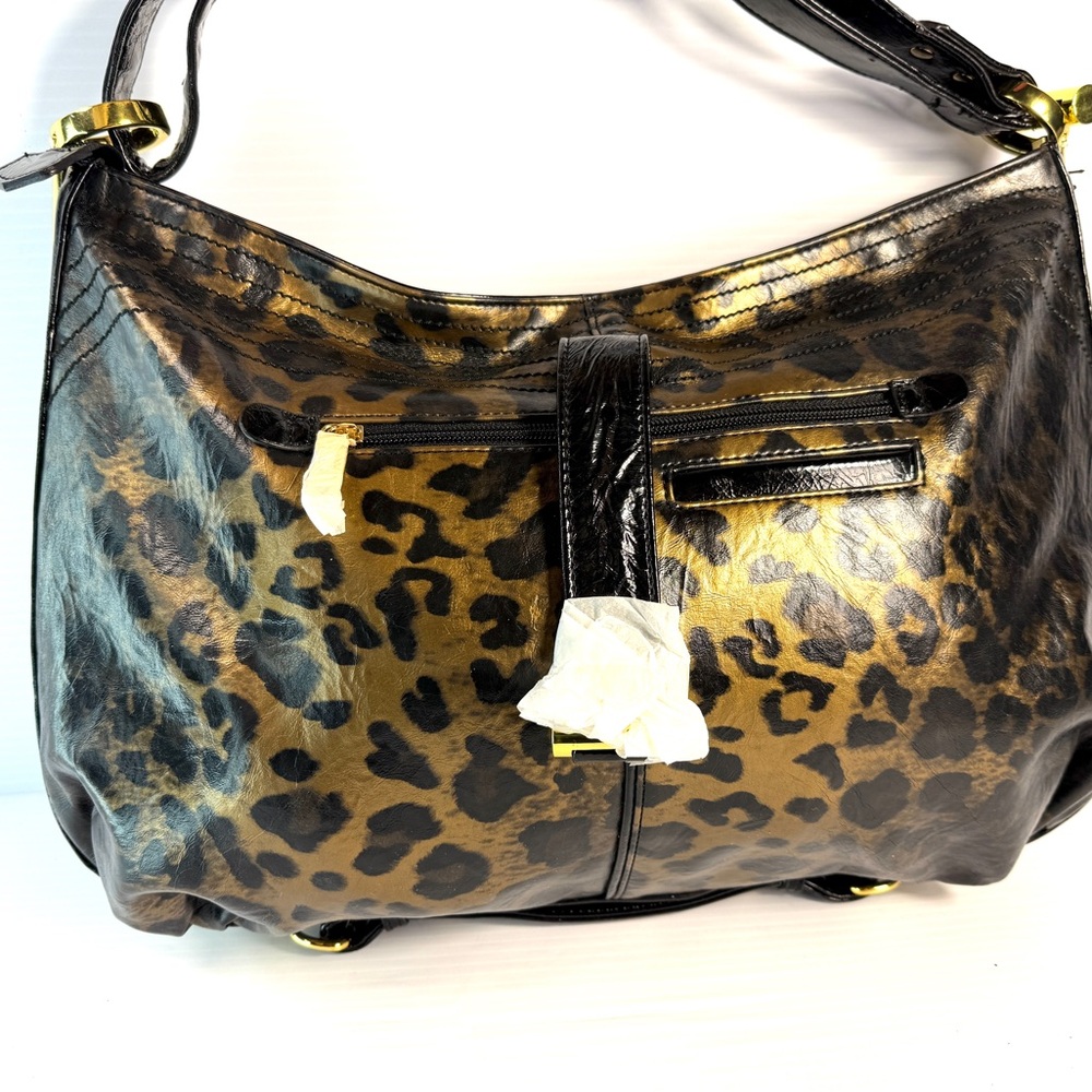 M.C. Leopard Print Shoulder Bag with Gold Accents